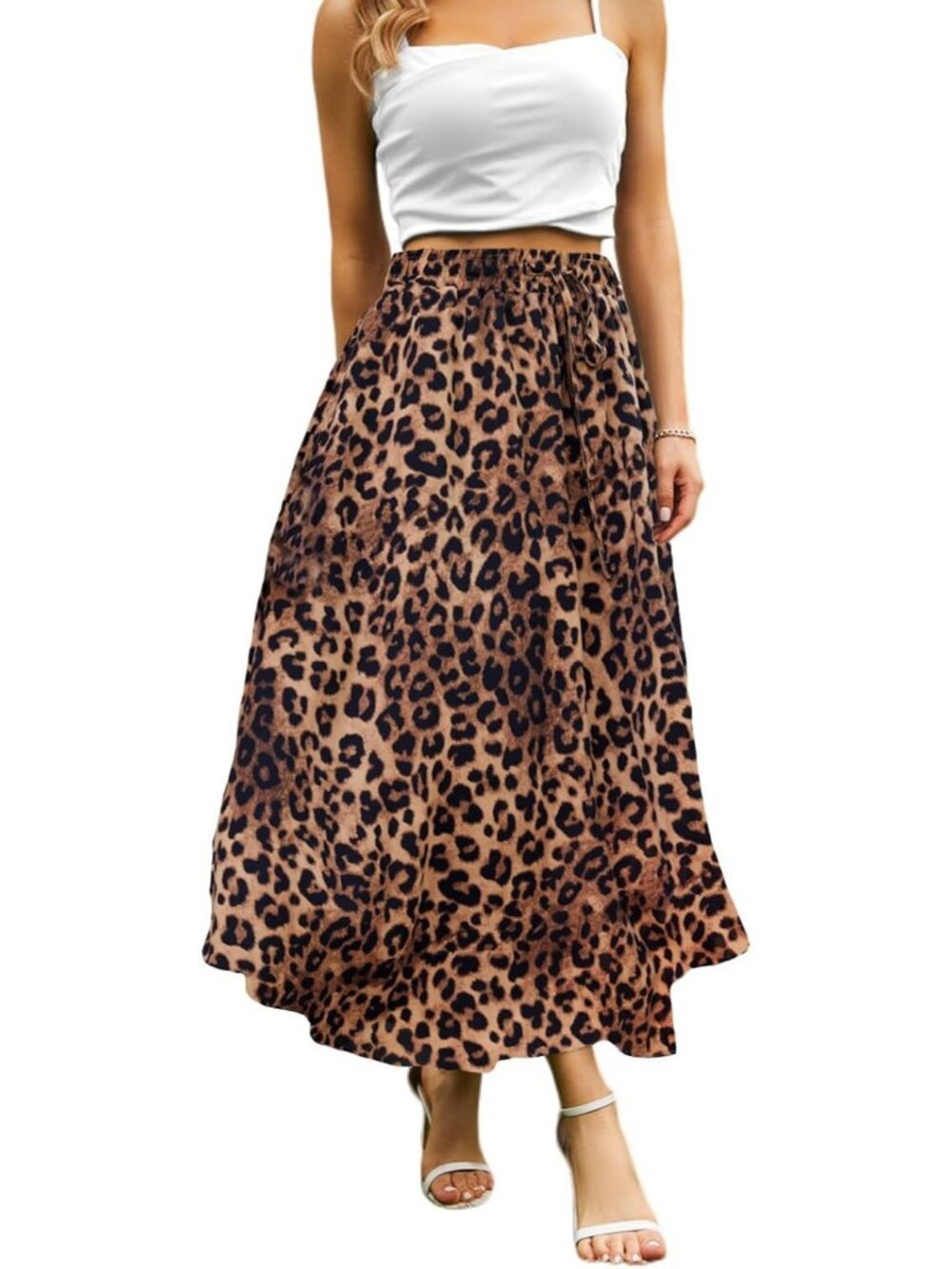 Women's Leopard Floral Boho High Waisted Flowy Elastic Waist Pocket Midi Skirt